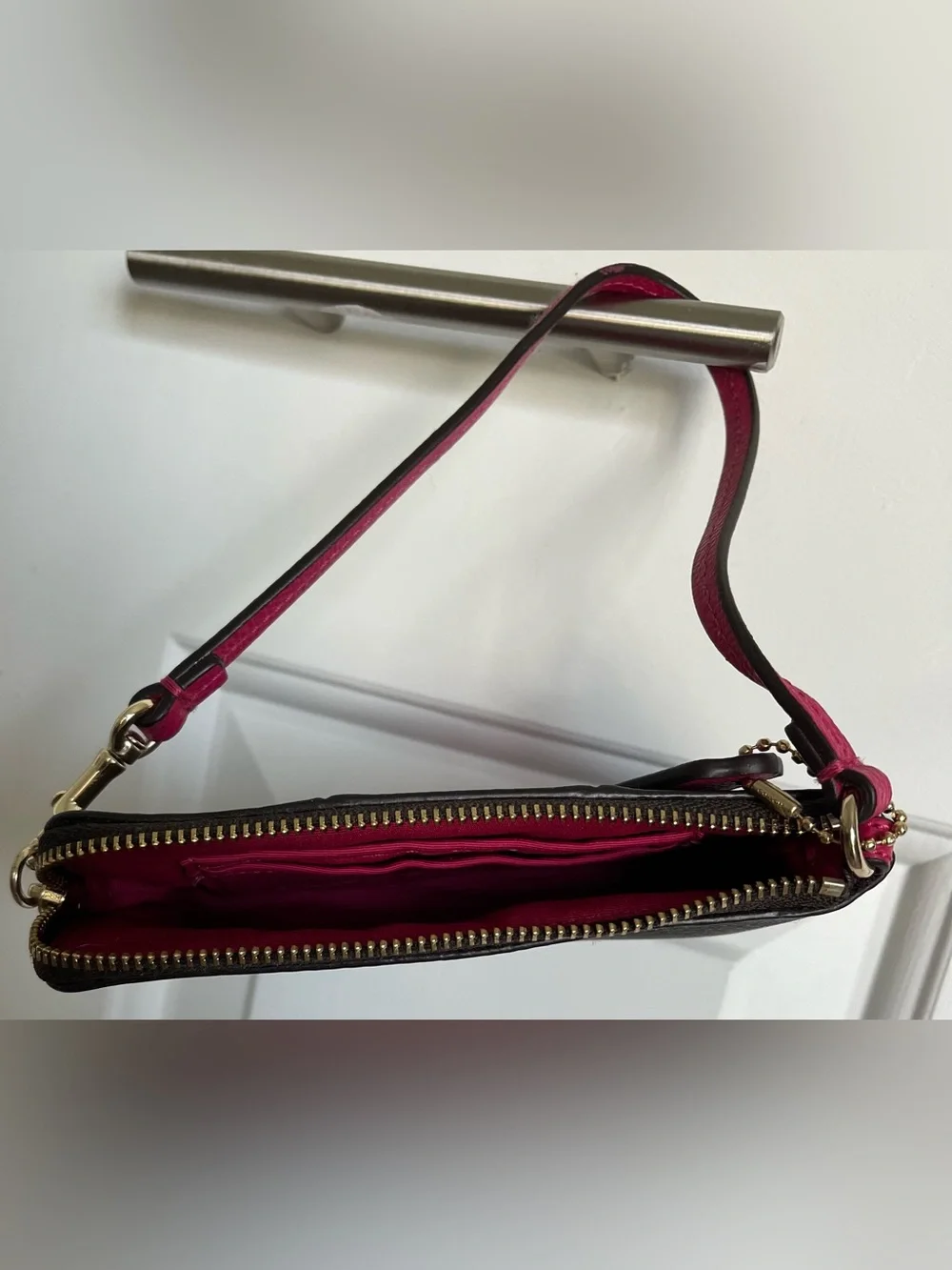 Coach Brown Signature Canvas Wristlet with Bright Pink Leather Accent